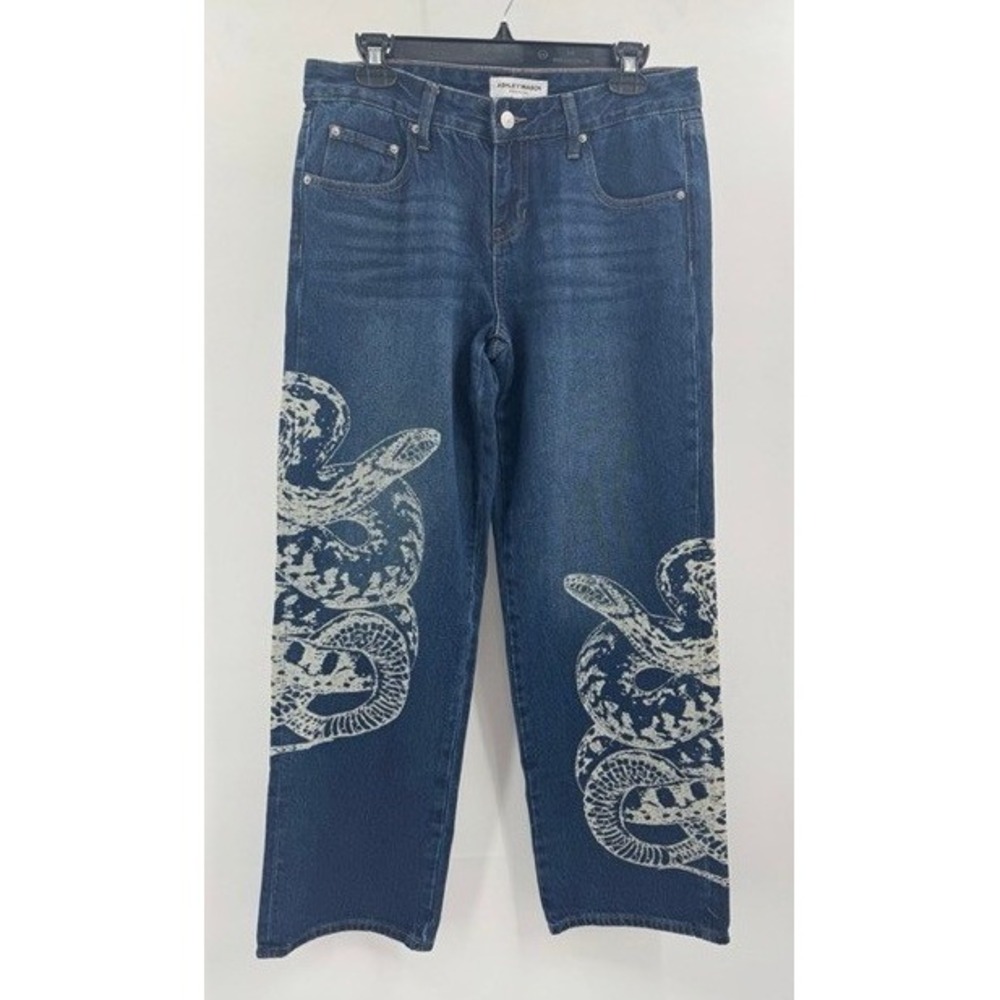 Ashley Mason Womens Blue Denim Snake Graphic Straight Leg Jeans SZ 9 Edgy Artsy